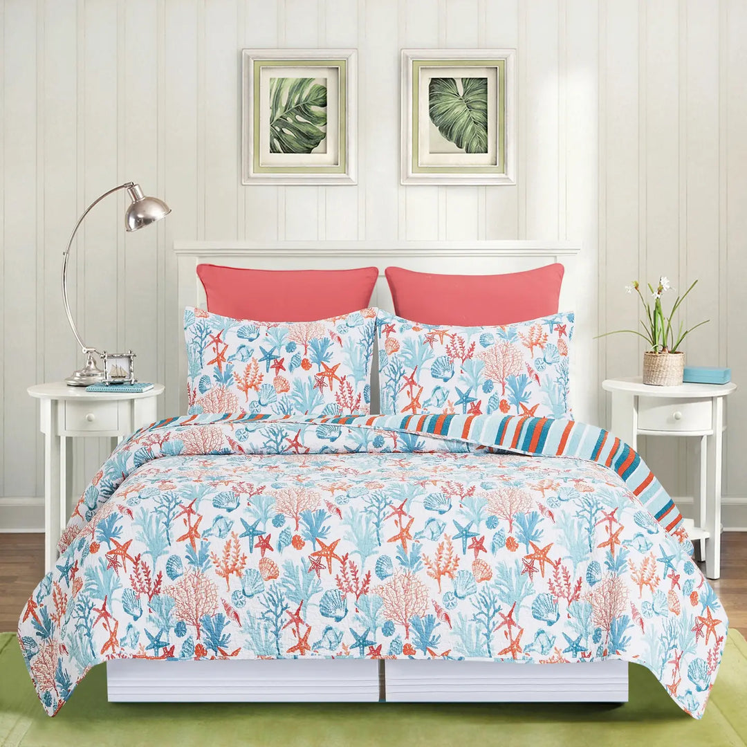 Coastline Reversible Quilt Set - Orange & Blue on white - Reversible Beach Stripes - Seashells, Coral & Starfish - Coastal Compass Home Decor