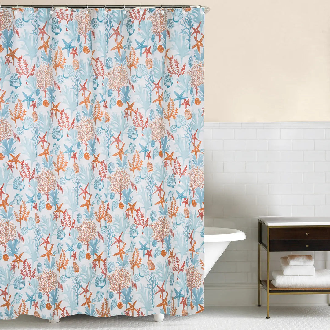 Coastline Shower Curtain - Blue & Orange on White - Coastal Compass Home Decor