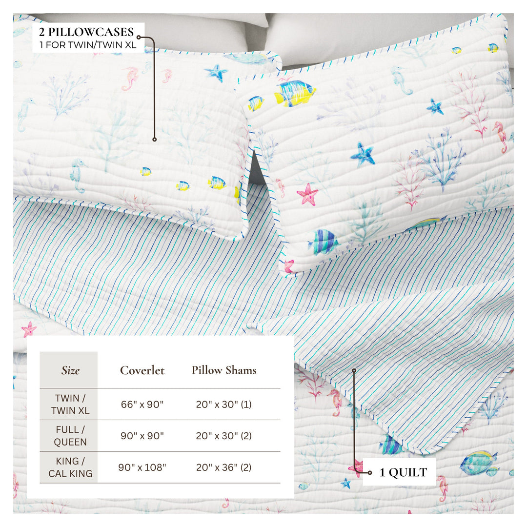 Bedding set with pillowcases and quilt featuring fish and coral design, size chart included.