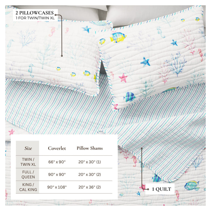 Bedding set with pillowcases and quilt featuring fish and coral design, size chart included.
