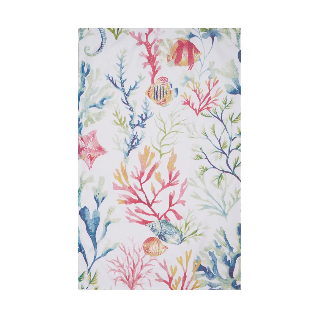 Colorful coral and fish pattern dish towel on a white background