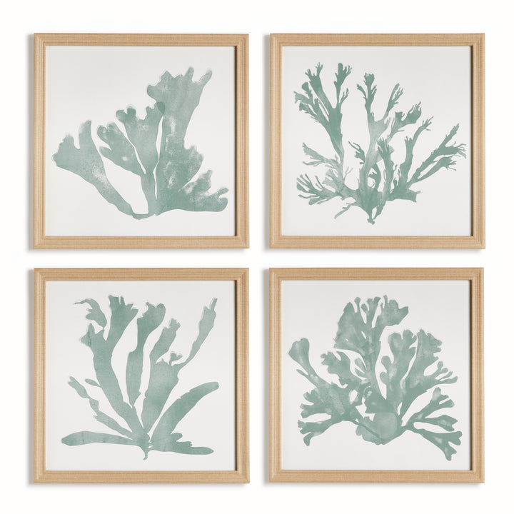 Coastal green coral silhouettes framed wall art set of 4 with neutral fabric wrapped frames