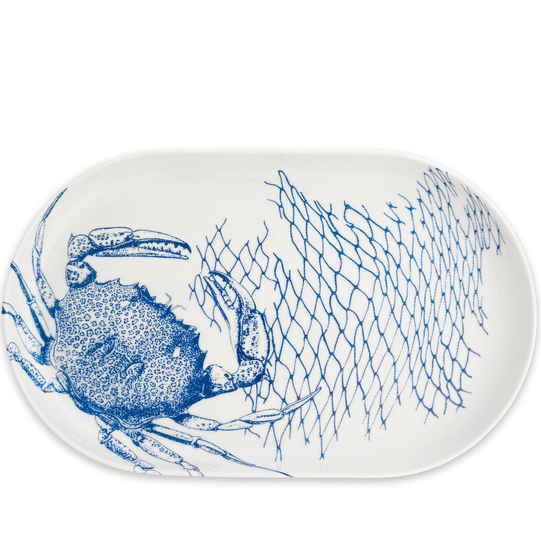 Crab Coupe Oval Platter - Blue Crab in net on white porcelain - Coastal Compass Home Decor