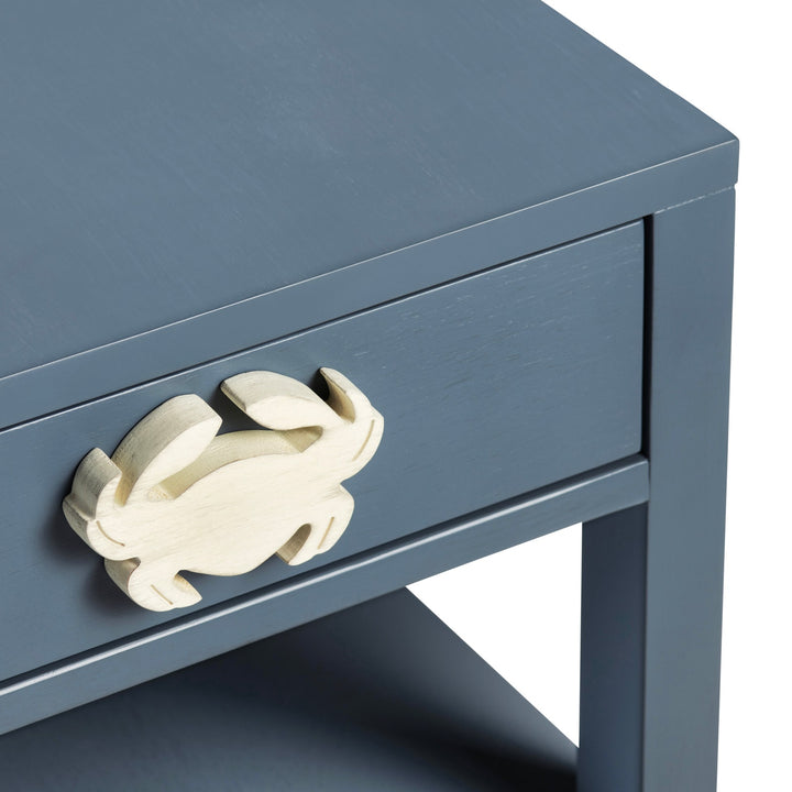 Crab Island Side Table - Ivory Crab Handle - Blue Finish - One drawer - 2 shelves below - coastal compass home decor