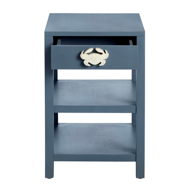 Crab Island Side Table - Ivory Crab Handle - Blue Finish - One drawer - 2 shelves below - coastal compass home decor