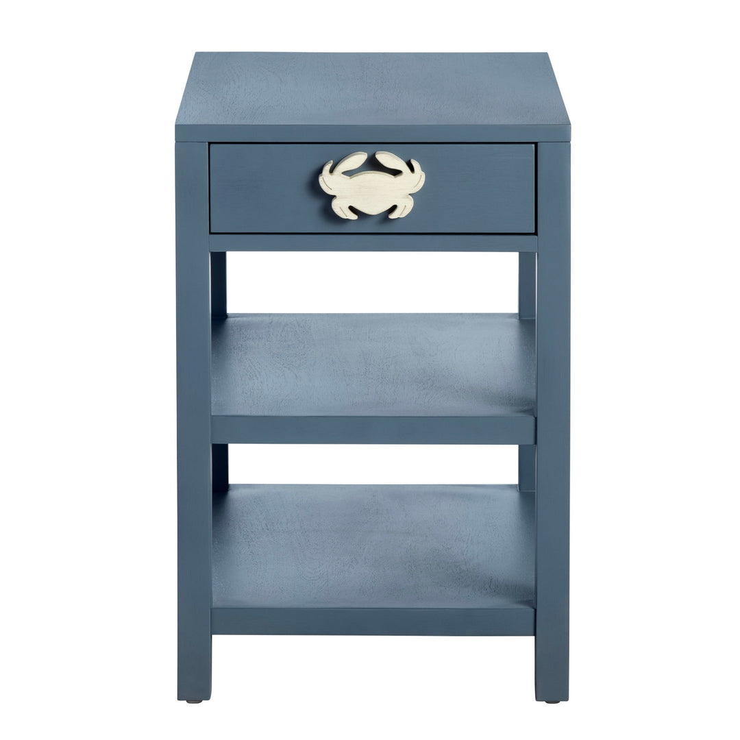 Crab Island Side Table - Ivory Crab Handle - Blue Finish - One drawer - 2 shelves below - coastal compass home decor