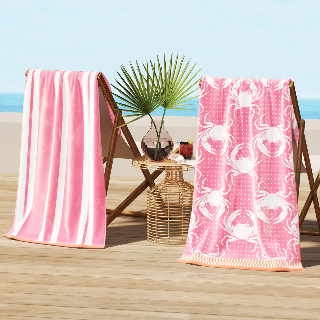 Crabs & Stripes Cotton Velour Beach Towel Pack - White Crabs on Pink towel - matching pink & white stripes - orange edges - coastal compass home decor
