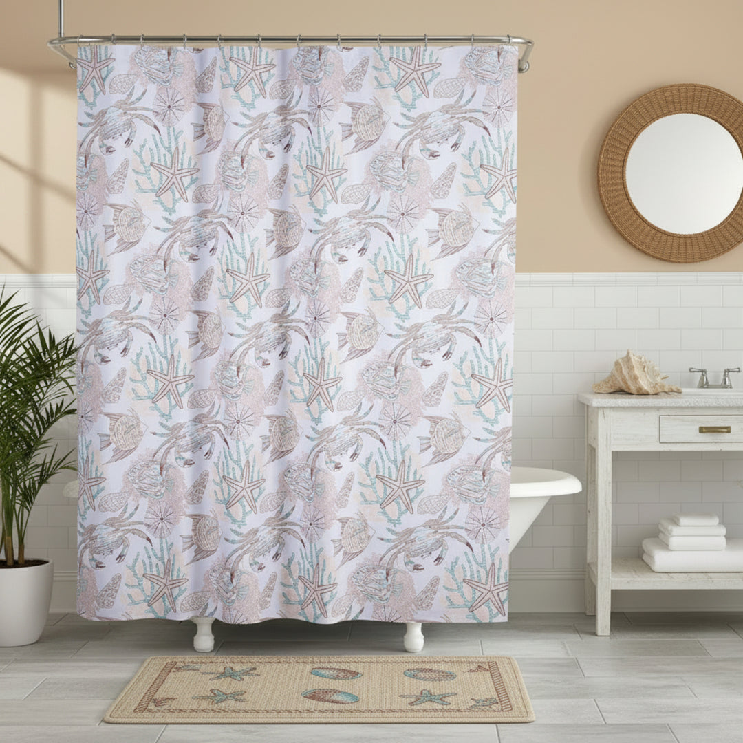 Crimson Sea Creatures Shower Curtain featuring crab, starfish, fish and reef designs on a white curtain in a coastal bathroom