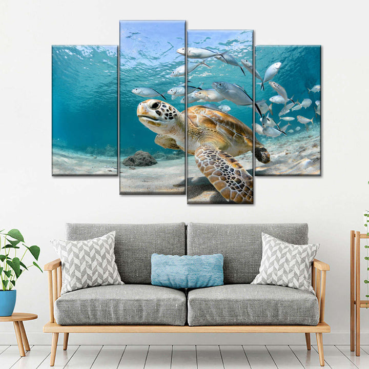 Curacao Fish And Turtle Wall Art - Turtle & Fish Under the sea - Vibrant colors - Canvas art - 4 Piece canvas - Coastal Compass Home Decor