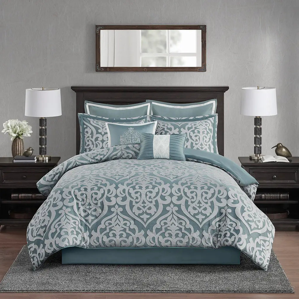 Damask Medallion 8-Piece Comforter Set - Blue & White with silver - satin sheen - damask medallion white design - solid blue with white boarder euro shams - damask medallion pillow shams - blue & white decorative pillows