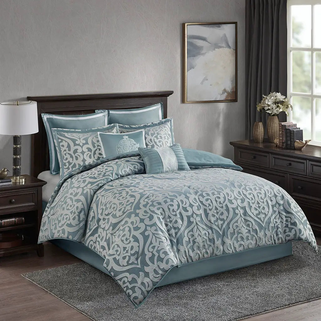 Damask Medallion 8-Piece Comforter Set - Blue & White with silver - satin sheen - damask medallion white design - solid blue with white boarder euro shams - damask medallion pillow shams - blue & white decorative pillows