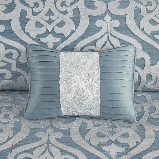 Damask Medallion Decorative Pillow - Rectangle - Blue pleated with white embroidered center - Coastal Compass Home Decor