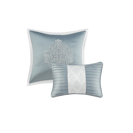 Damask Medallion Decorative Pillow Set - Square Satin Blue w white border - Rectangle Pleated blue with white embroidered center stripe - Coastal Compass Home Decor