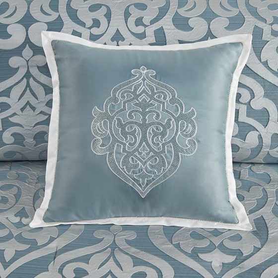 Damask Medallion Square Decorative Pillow - Damask Medallion Design - Satin Blue w white border - coastal compass home decor