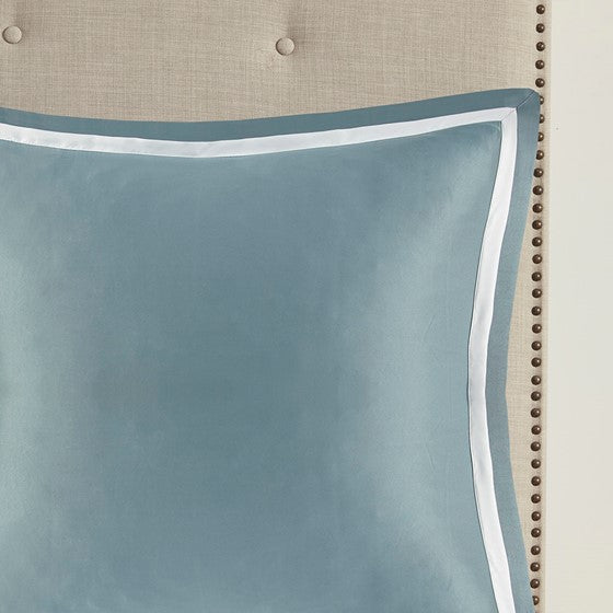 Damask Medallion Euro Sham - Blue Satin with white stripe border - Coastal Compass Home Decor
