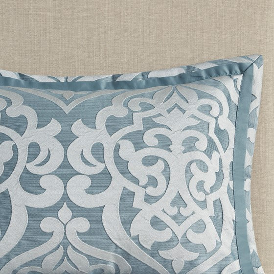 Damask Medallion Pillow Sham - White & Blue Damask Pattern - Coastal Compass Home Decor