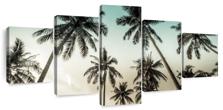 Dawning Above Palm Trees Wall Art - 5-Piece Canvas - Large - Palm Trees with Tan & Blue Sky - Coastal Compass Home Decor