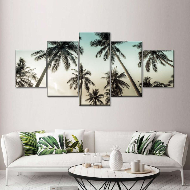 Dawning Above Palm Trees Wall Art - 5-Piece Canvas - Large - Palm Trees with Tan & Blue Sky - Coastal Compass Home Decor