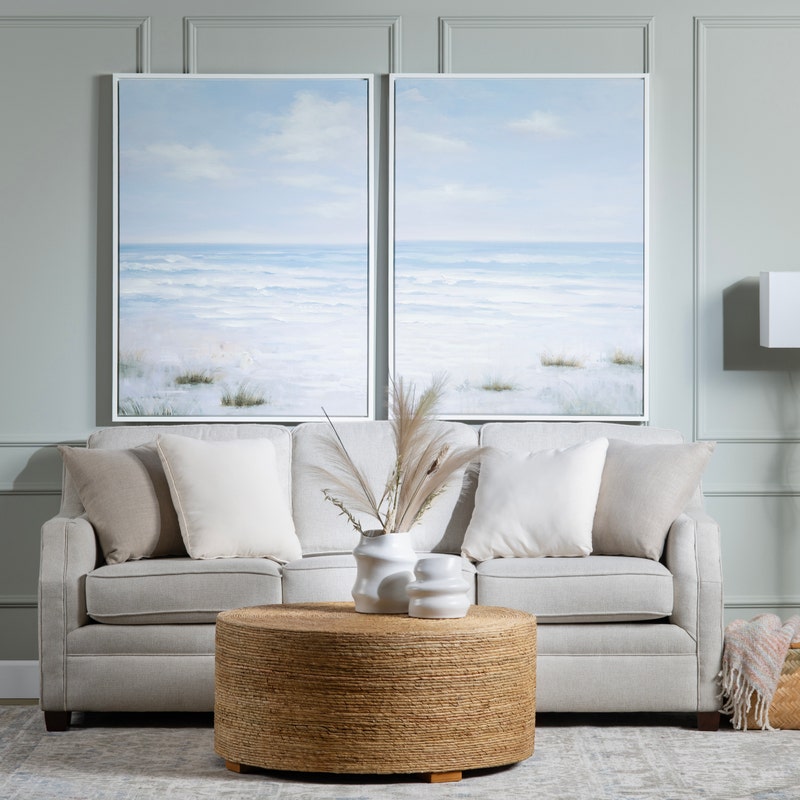 Day by The Sea Canvas Paintings - Hand Painted texture - Blue & White color scheme - vast ocean with waves lapping the shore - Coastal Compass Home Decor