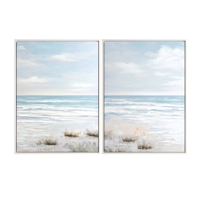 Day by The Sea Canvas Paintings - Hand Painted texture - Blue & White color scheme - vast ocean with waves lapping the shore - Coastal Compass Home Decor