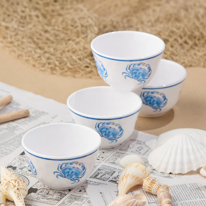 Deep Blue Sea Crab Serving Bowls - Appetizer Bowls - Blue stripe rim - Small blue crabs design - Coastal Compass Home Decor