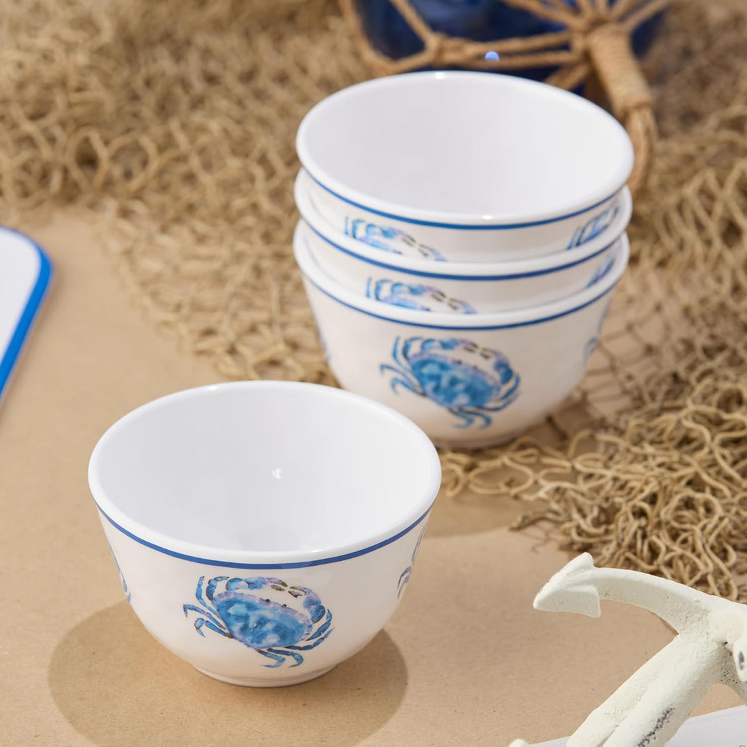 Deep Blue Sea Crab Serving Bowls - Appetizer Bowls - Blue stripe rim - Small blue crabs design - Coastal Compass Home Decor
