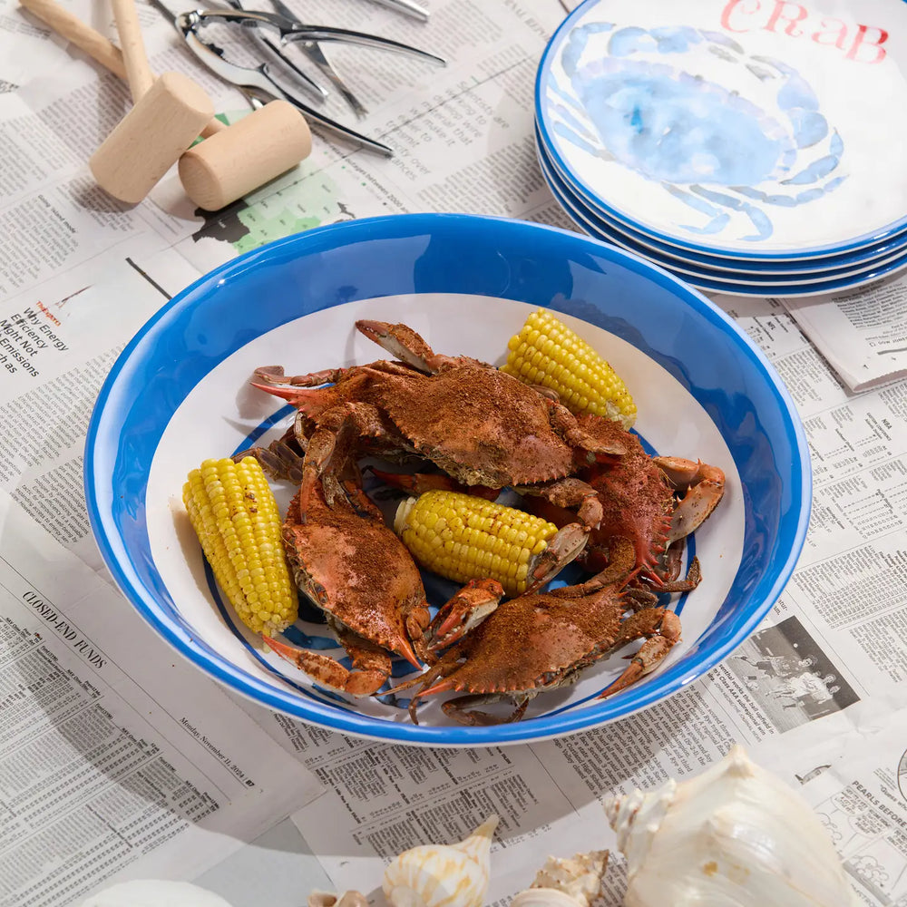 Deep Blue Sea Crab Serving Bowls - Blue striped rim - Blue crab design - Coastal Compass Home Decor
