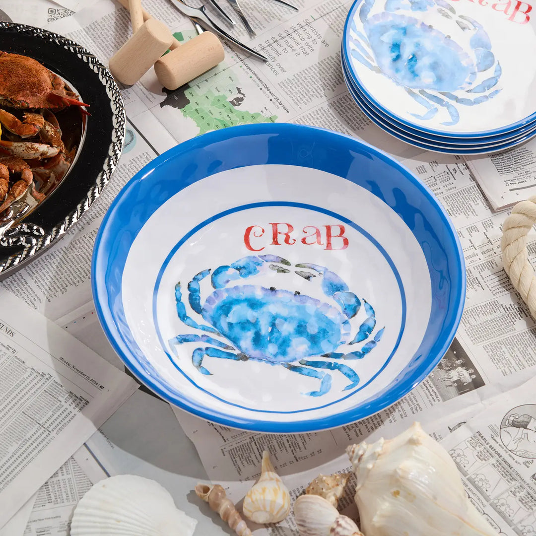 Deep Blue Sea Crab Serving Bowls - Large Serving Bowl - Blue stripe rim - blue crabs design - Coastal Compass Home Decor