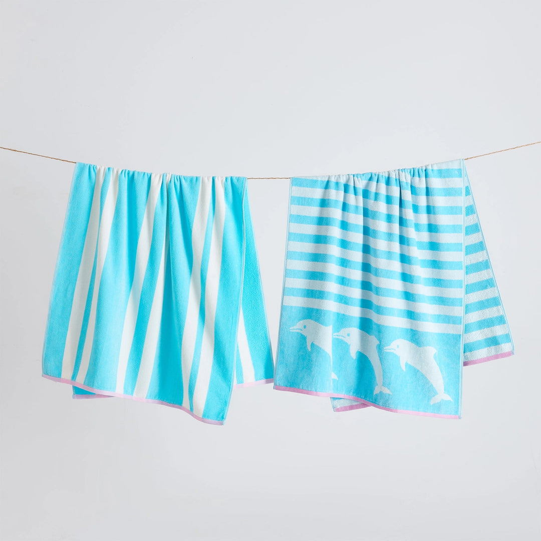 Dolphins & Stripes Cotton Velour Beach Towel Pack - Dolphin w/ stripes & pink edges - matching white & blue stripe towel - Coastal Compass Home Decor