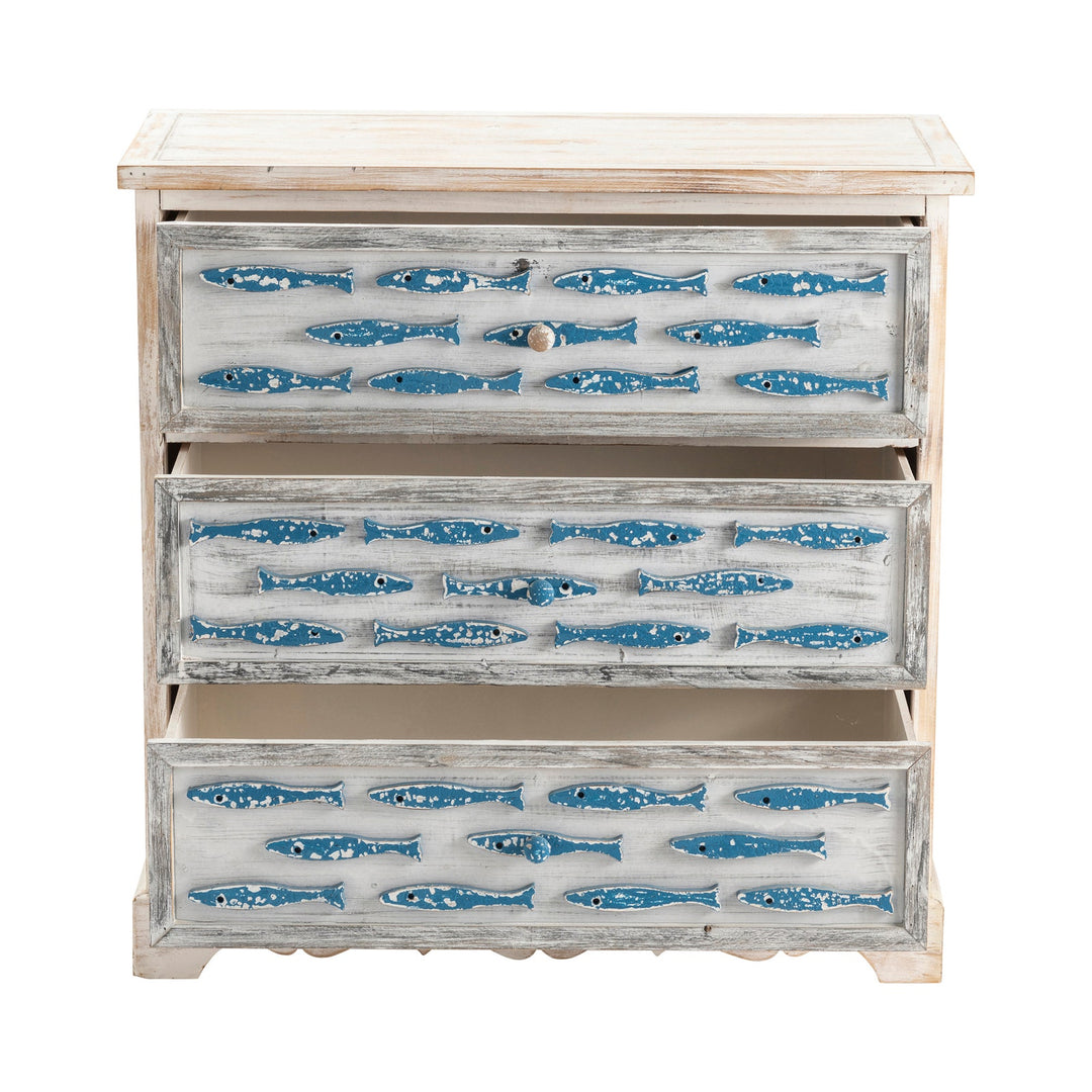 Wooden dresser with blue fish decals on a white background