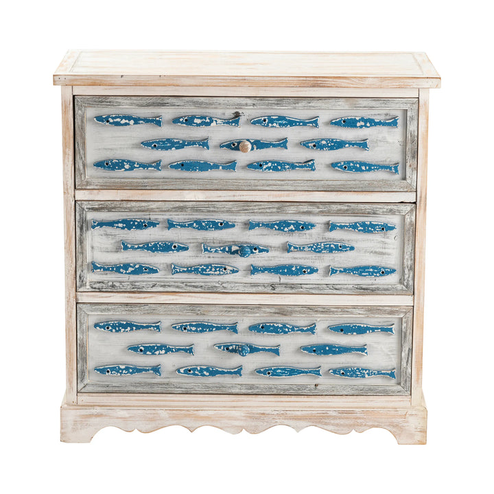 Wooden dresser with blue fish decals on a white background