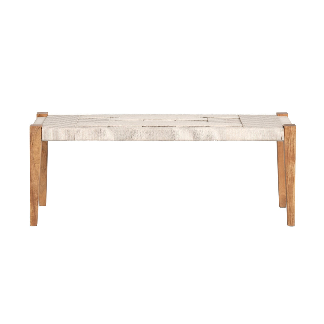 Front view of a natural wood woven bench with a rope seat, featuring a minimalist coastal silhouette and airy, neutral design