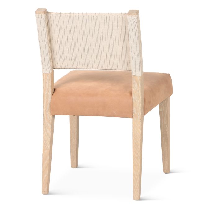 Duneview leather and linen dining chair back view with striped linen upholstery and light wood frame