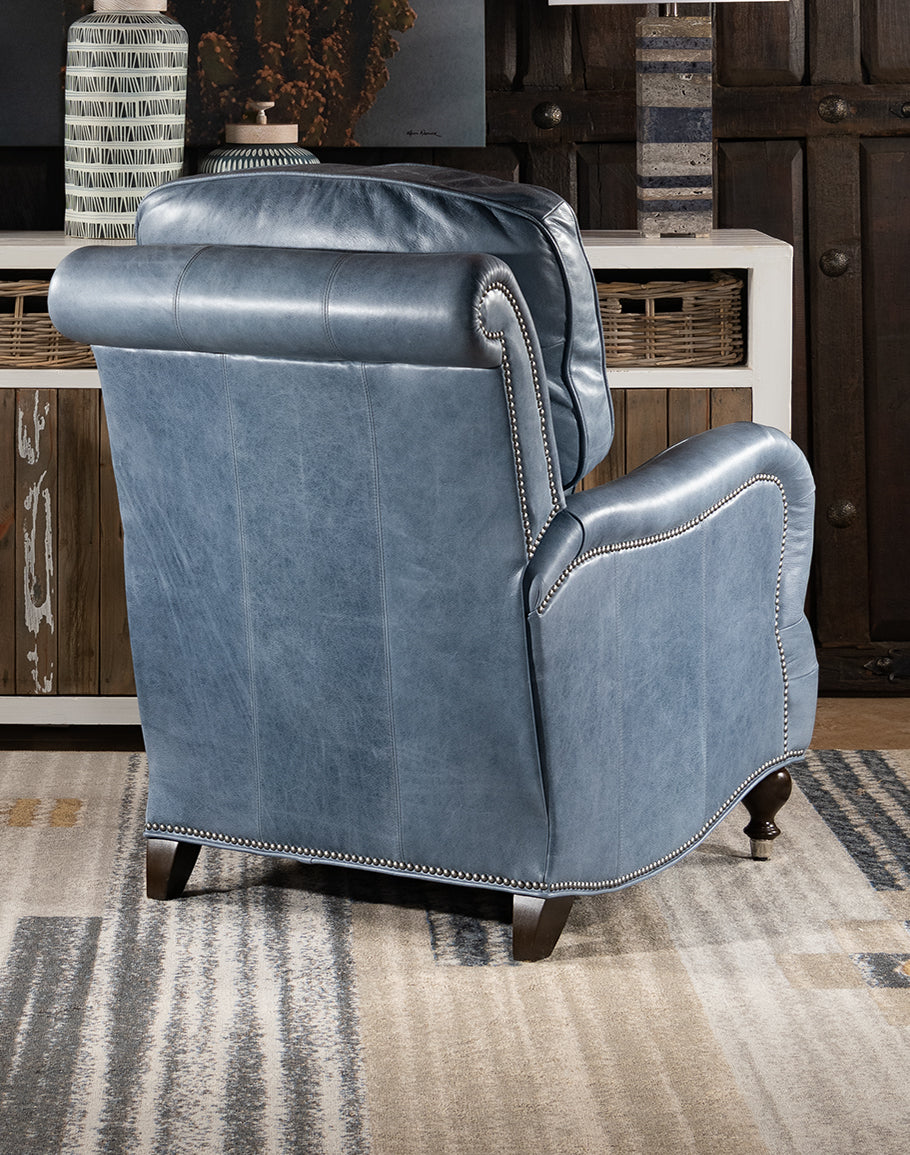 Elsa Leather Recliner Back - Quality stitching - silver nailhead tacking - dark walnut legs - plush cushions - reclining - coastal compass home decor