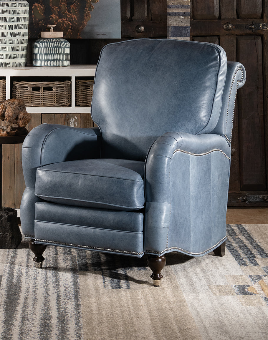 Elsa Leather Recliner Back - Quality stitching - silver nailhead tacking - dark walnut legs - plush cushions - reclining - coastal compass home decor