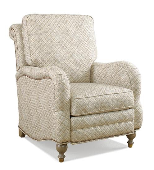 Elsa Leather Recliner - Custom Recliner - American Made - Embossed Leather - Brass Nail Tacking - Mahogany Brown Legs - Coastal Compass Home Decor