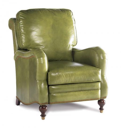 Elsa Leather Recliner - Custom Recliner - American Made - Green Leather - Brass Nail Tacking - Mahogany Brown Legs - Coastal Compass Home Decor