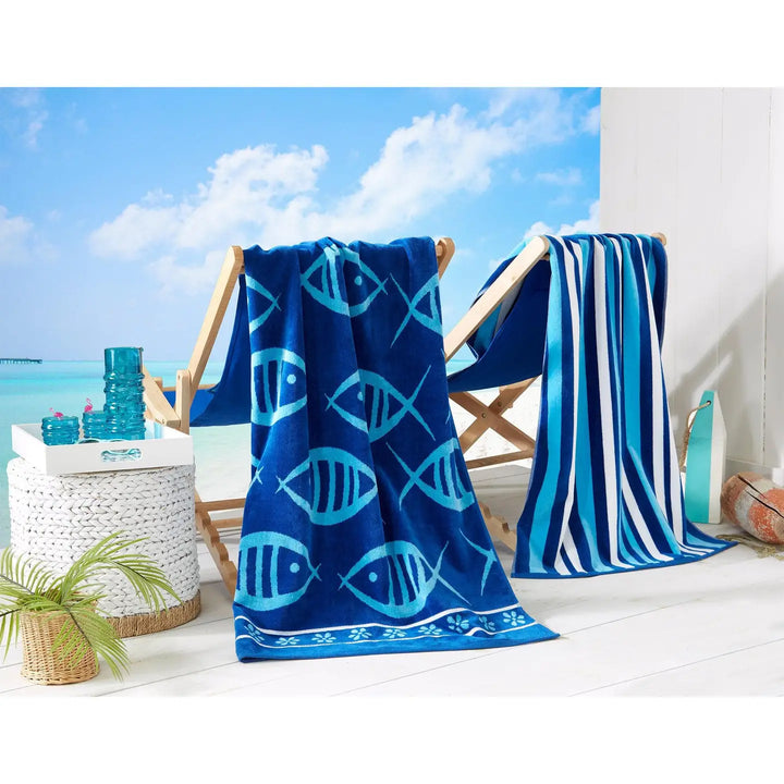 Fish & Stripes Cotton Velour Beach Towel Pack