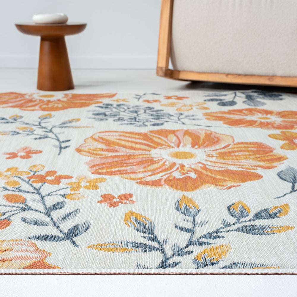 Floral Indoor/Outdoor Area Rug - Blue Orange & Yellow Florals on Ivory - Rectangle - Coastal Compass Home Decor