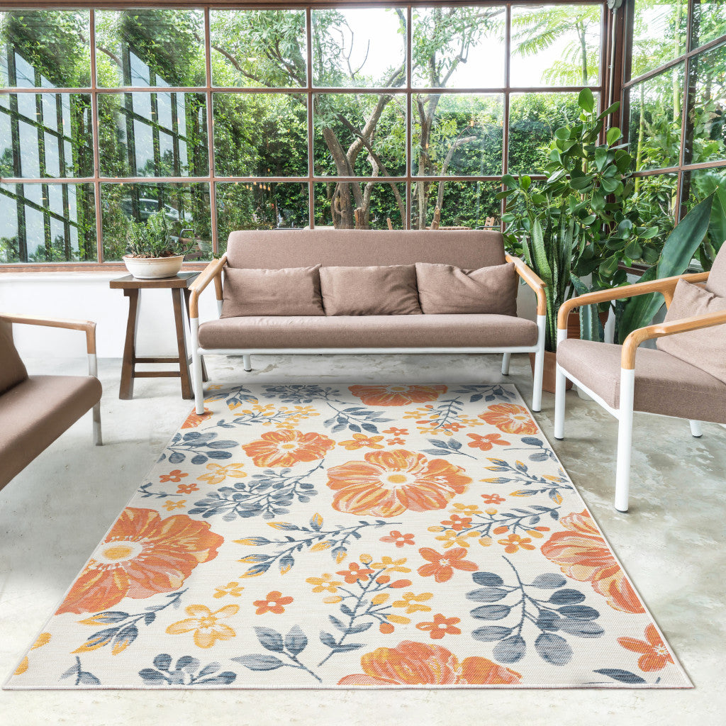 Floral Indoor/Outdoor Area Rug - Blue Orange & Yellow Florals on Ivory - Rectangle - Coastal Compass Home Decor