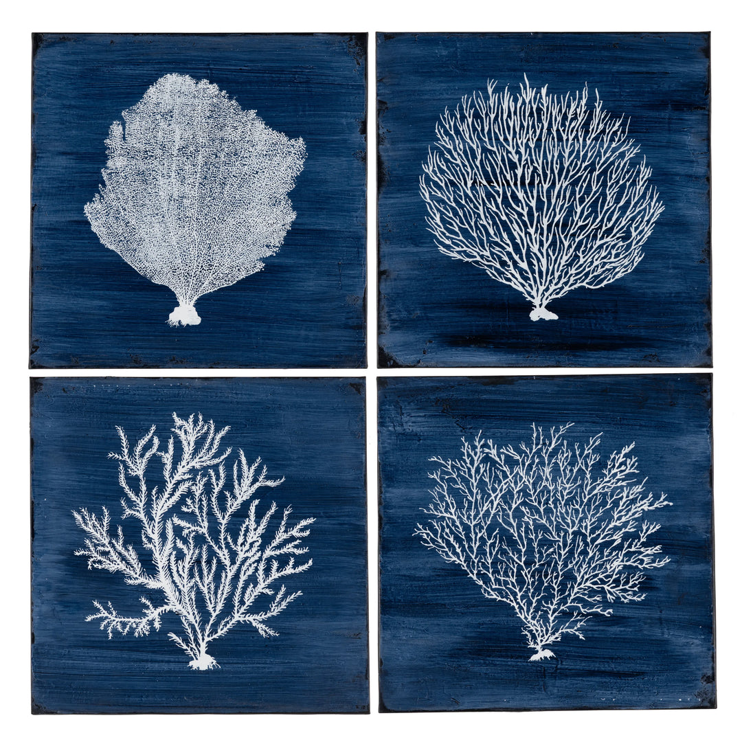 Four Corals Canvas Set - 4 Paintings - Each 20" square - White Coral Reefs on Navy Blue - Coastal Compass Home Decor
