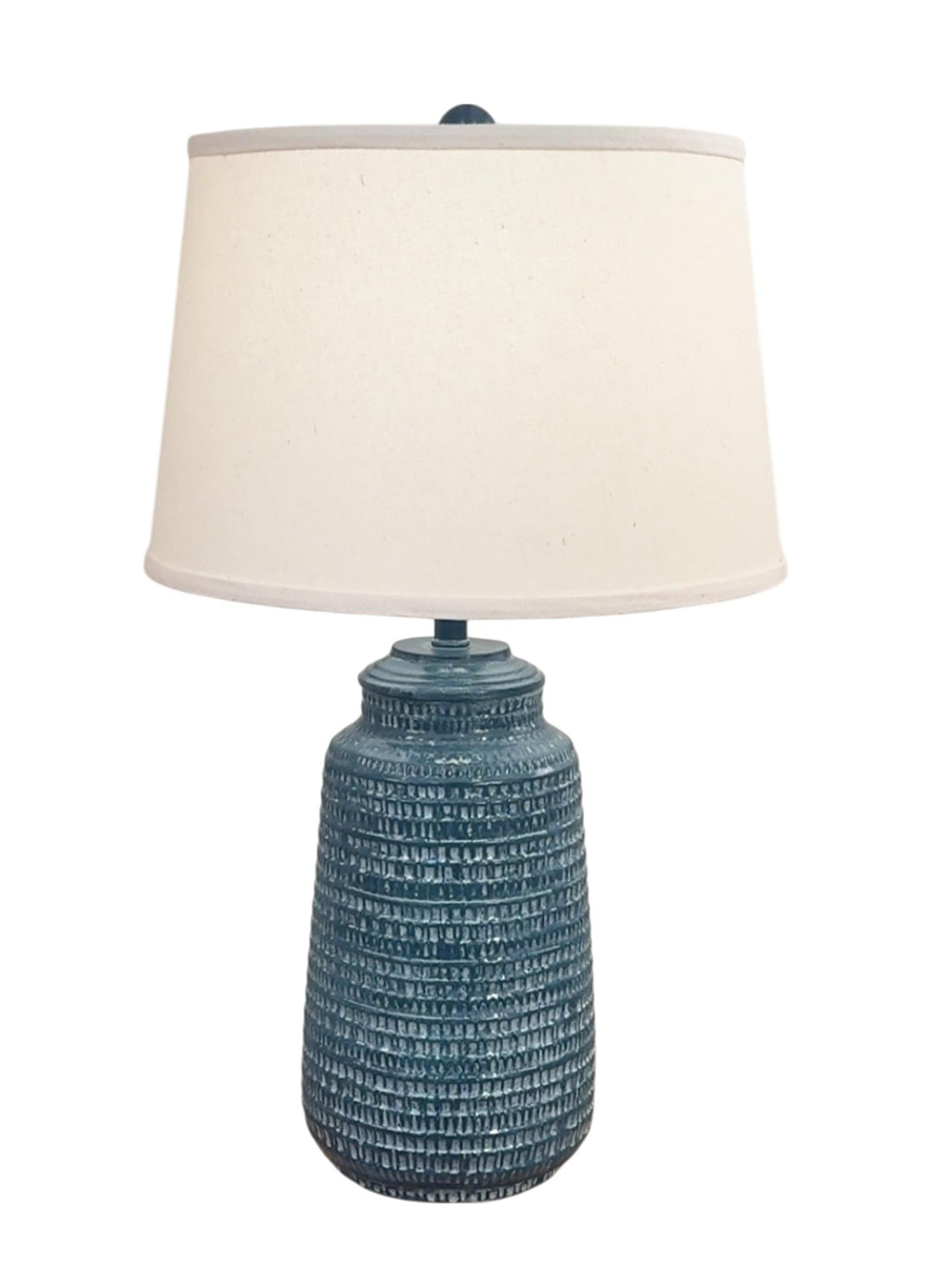 Hadley blue fibercast table lamp with textured base and linen shade, coastal home lighting made in USA