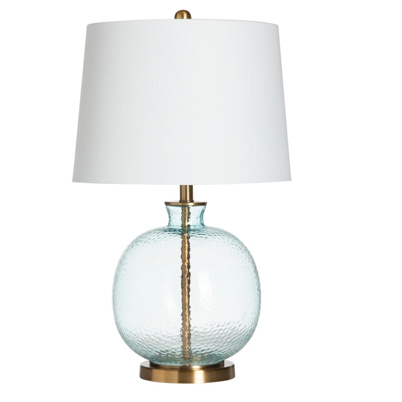 Hammered Glass Table Lamp - Blue Glass - Gold Brass Hardware - White Lamp Shade - Coastal Compass Home Decor