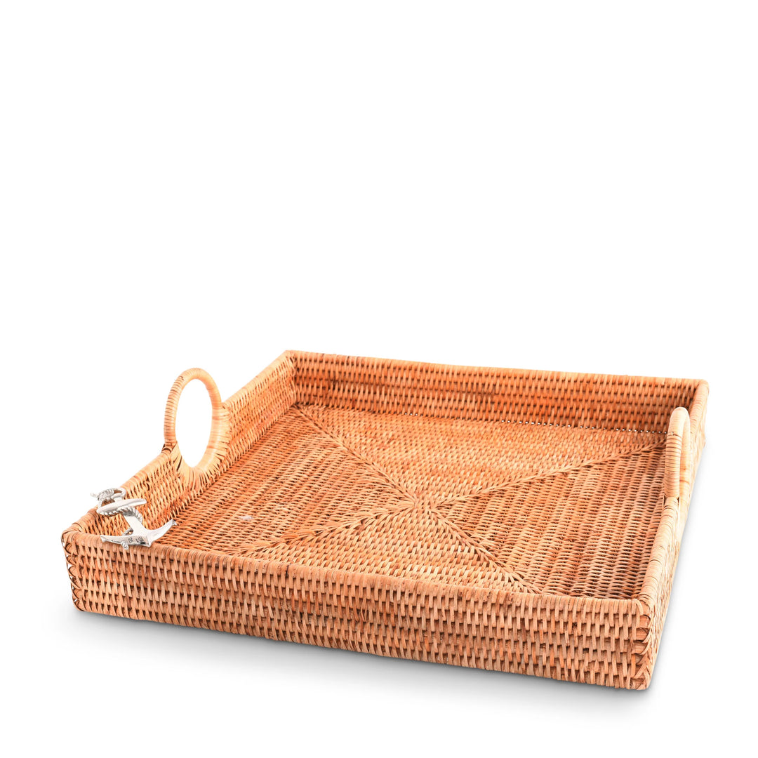 Hand Woven Rattan Anchor Tray - Rattan - Anchor Emblem - Square Tray - Coastal Compass Home decor