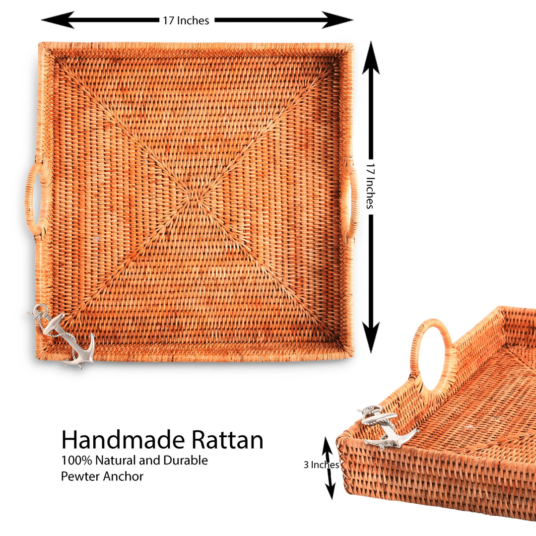 Hand Woven Rattan Anchor Tray - Rattan - Anchor Emblem - Square Tray - 17" x 17" - Coastal Compass Home decor