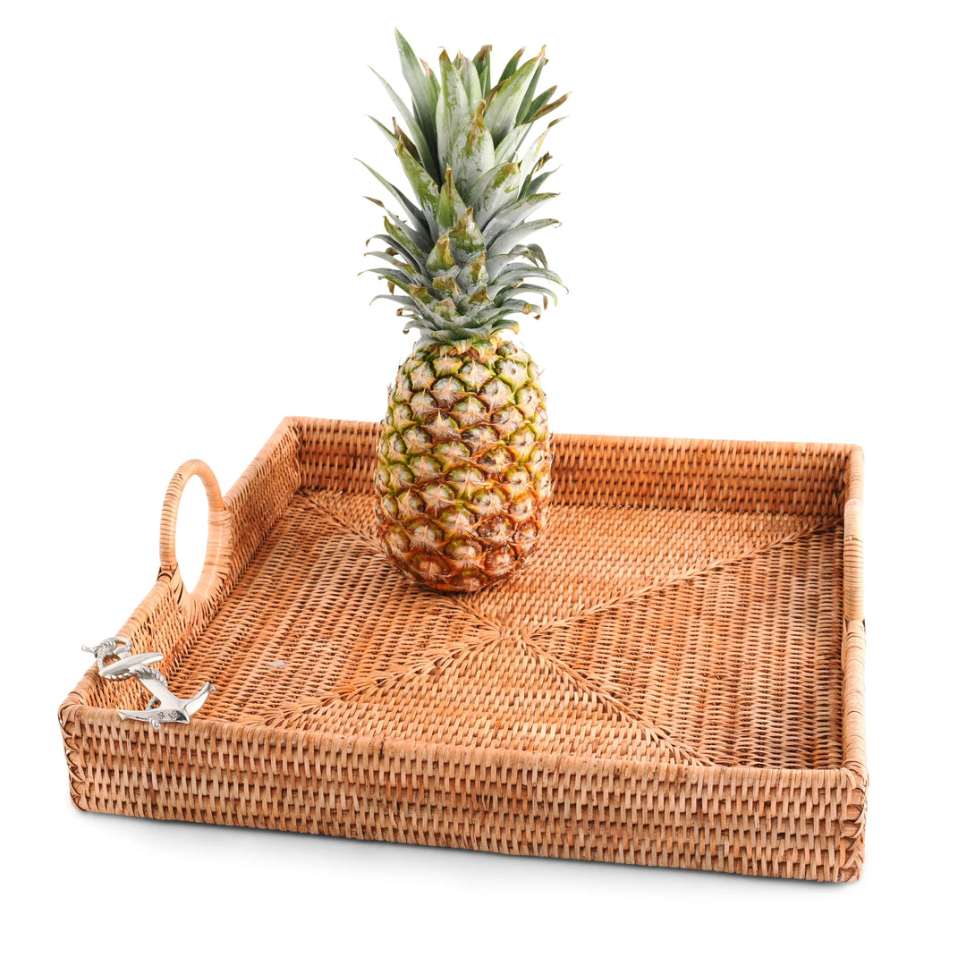 Hand Woven Rattan Anchor Tray - Rattan - Anchor Emblem - Square Tray - Coastal Compass Home decor