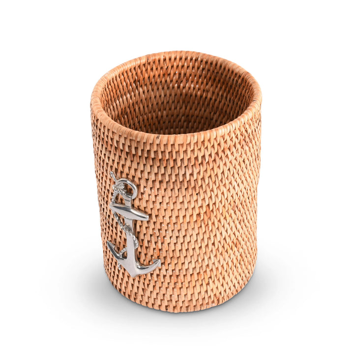 Hand Woven Rattan Anchor Utensil Holder - Rattan - Pewter Anchor - Coastal Compass Home Decor