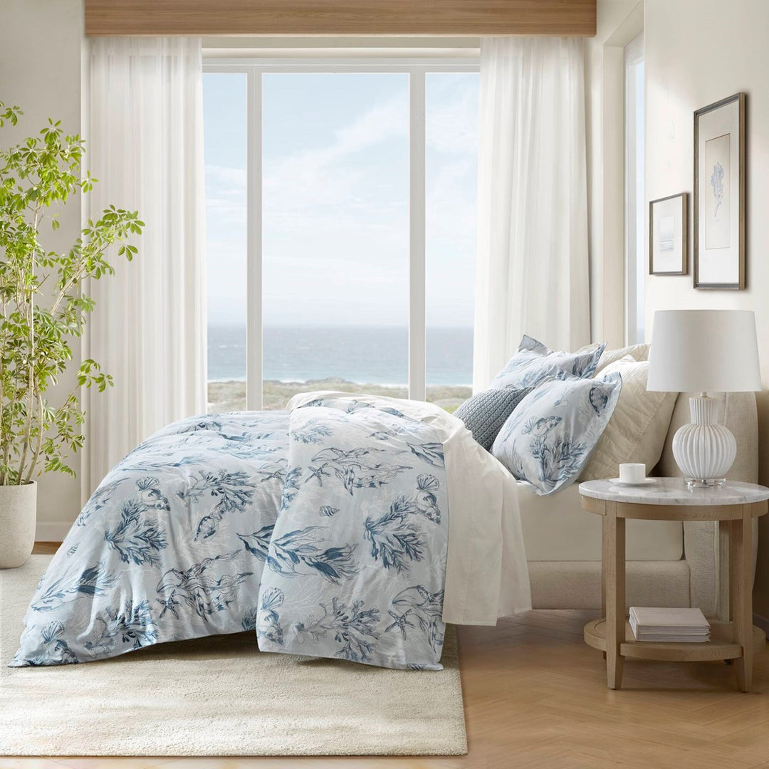 Harbor Reef blue coral coastal duvet cover set with ocean inspired seashell and reef pattern