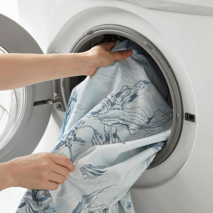 Machine washable Harbor Reef coastal duvet cover with blue coral and seashell pattern