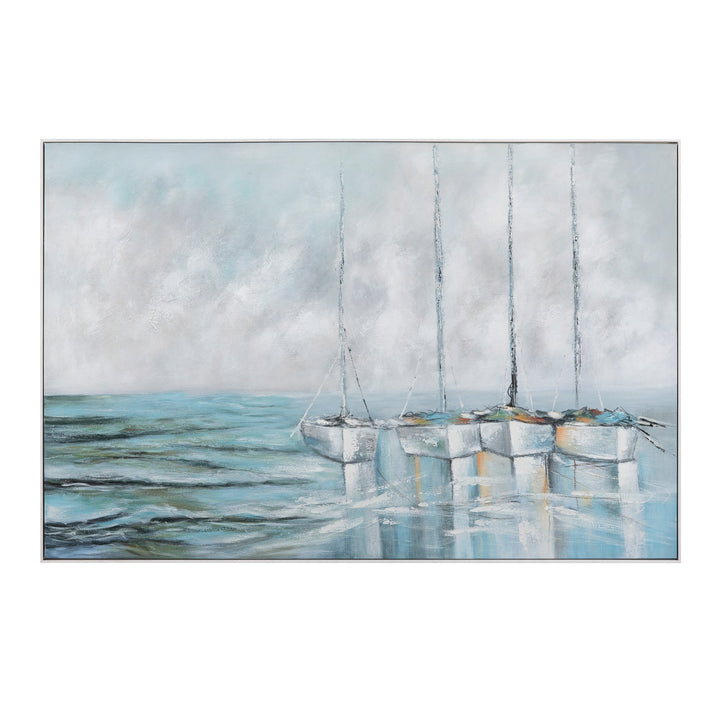 Painting of sailboats on a calm water surface with a light blue sky. Coastal Compass Home Decor